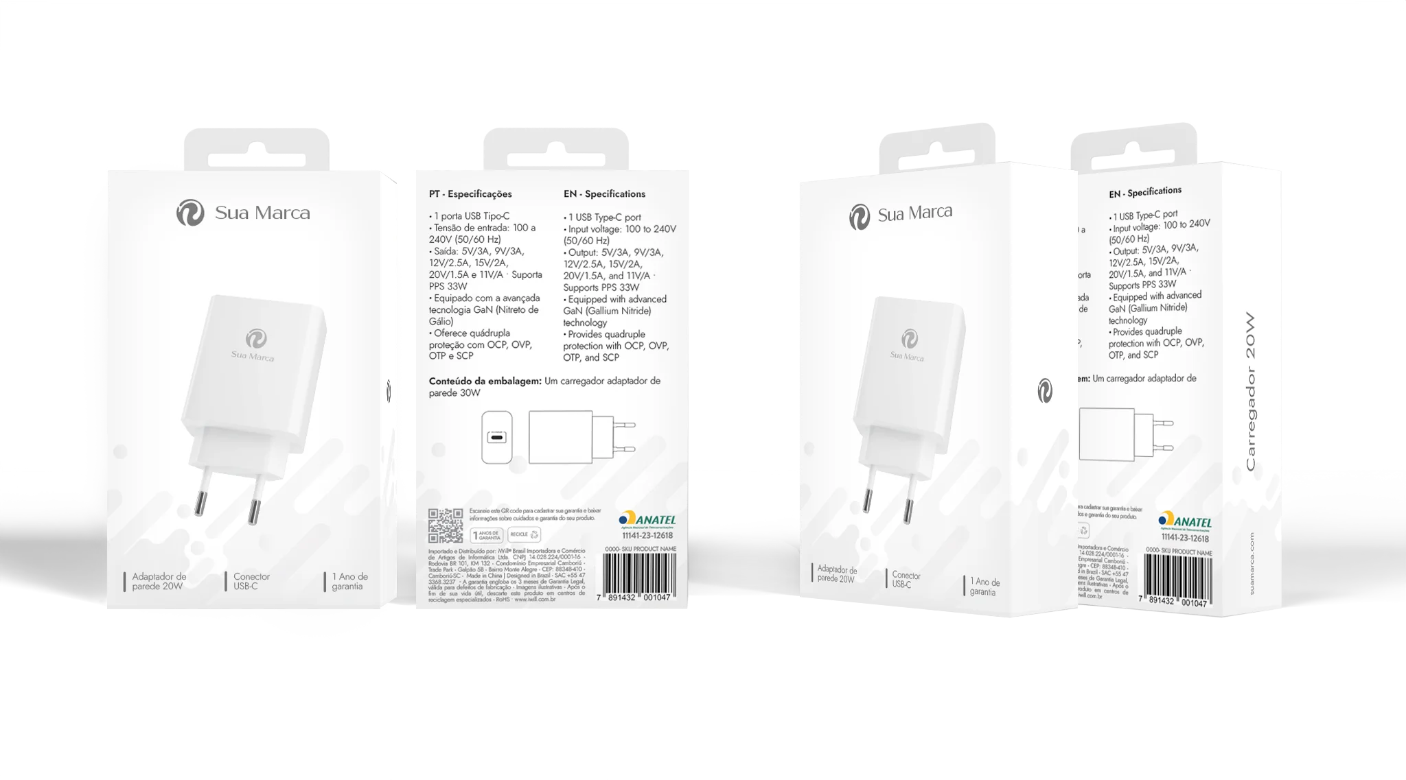 Embalagem Private Label de carregador 20W, frente e verso, com a marca do cliente